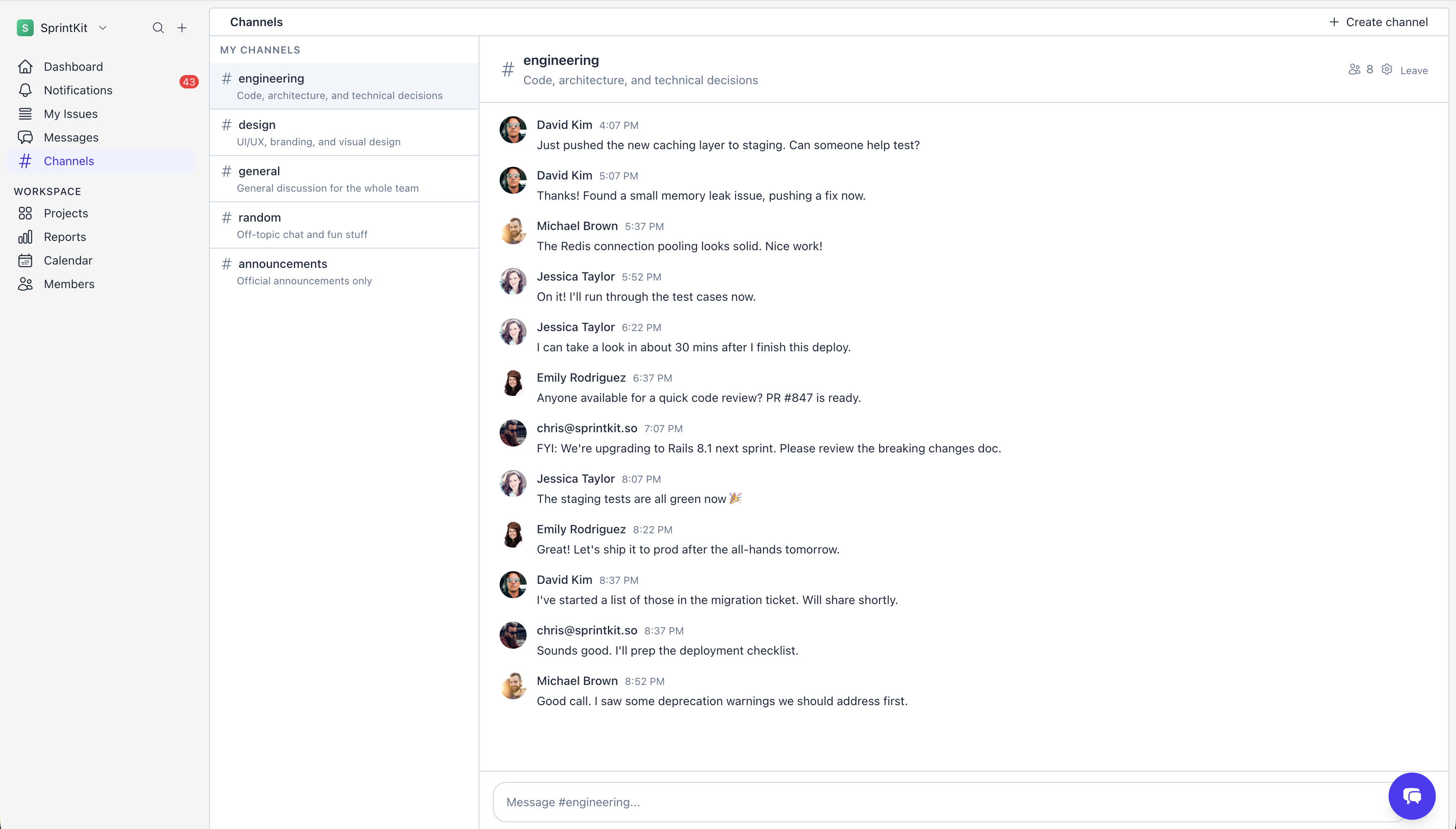 SprintKit team chat showing channels and real-time messaging
